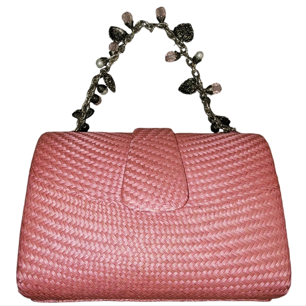 Donna Dixon Pink Braided Straw Handbag with Silver-Tone Charms